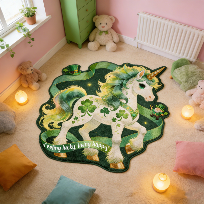 Personalized Lucky Clover Green Dream Horse Rainbow Magic St Patricks Day Custom Name Soft Fantasy Playroom Decor Carpet Rug for Kids