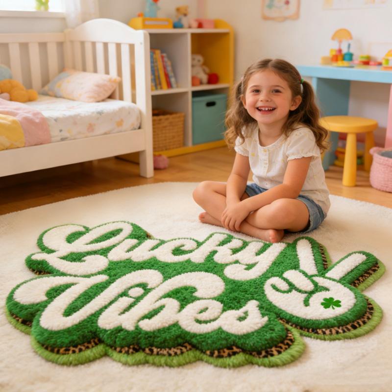 Personalized Lucky Vibes Green Peace Hand Clover St Patricks Day Positive Energy Custom Name Playroom Decor Carpet Rug for Kids