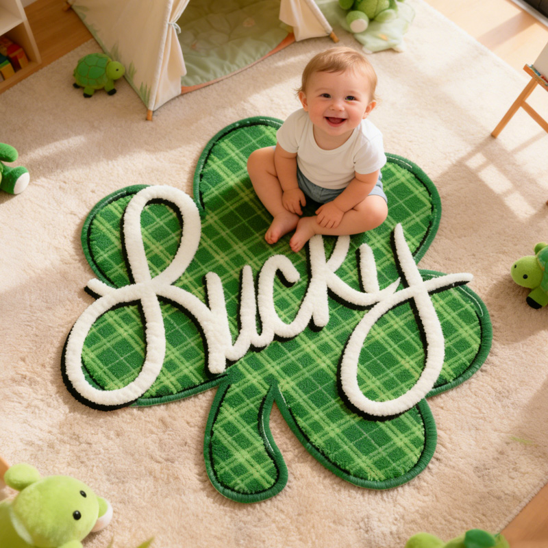 Personalized Lucky Green Plaid Shamrock Clover St Patricks Day Custom Name Soft Playroom Decor Carpet Rug for Kids