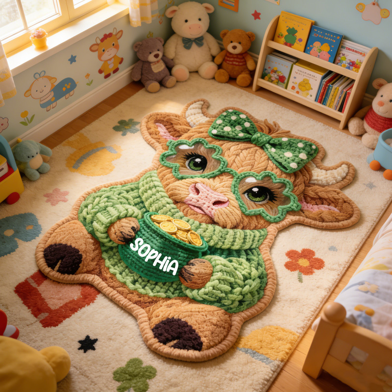 Personalized Cute Green Bow Highland Cow Holding Gold Pot St Patricks Day Custom Name Playroom Decor Carpet Rug for Kids
