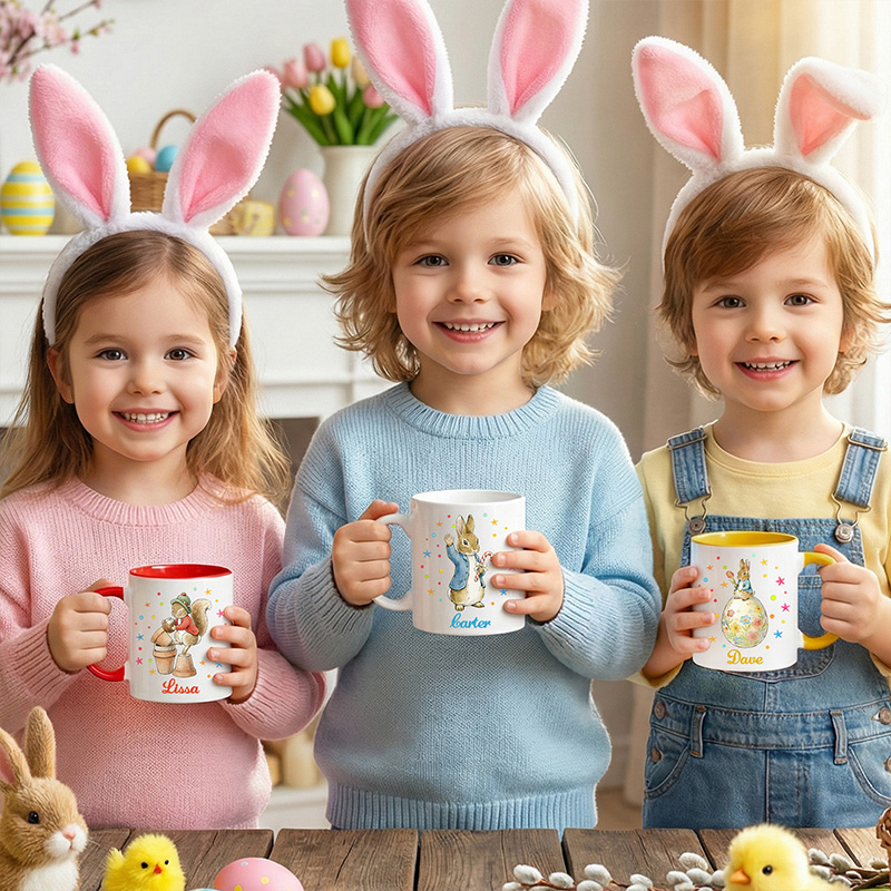 Personalized Cute Easter Bunny Holding Flowers and Eggs Spring Colorful Custom Name Family Gift Coffee Tea Mug