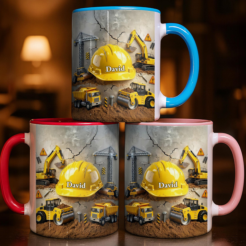 Personalized Construction Trucks Excavator Crane Hard Hat Builder Theme Custom Name Boys Birthday Gift Coffee Mug