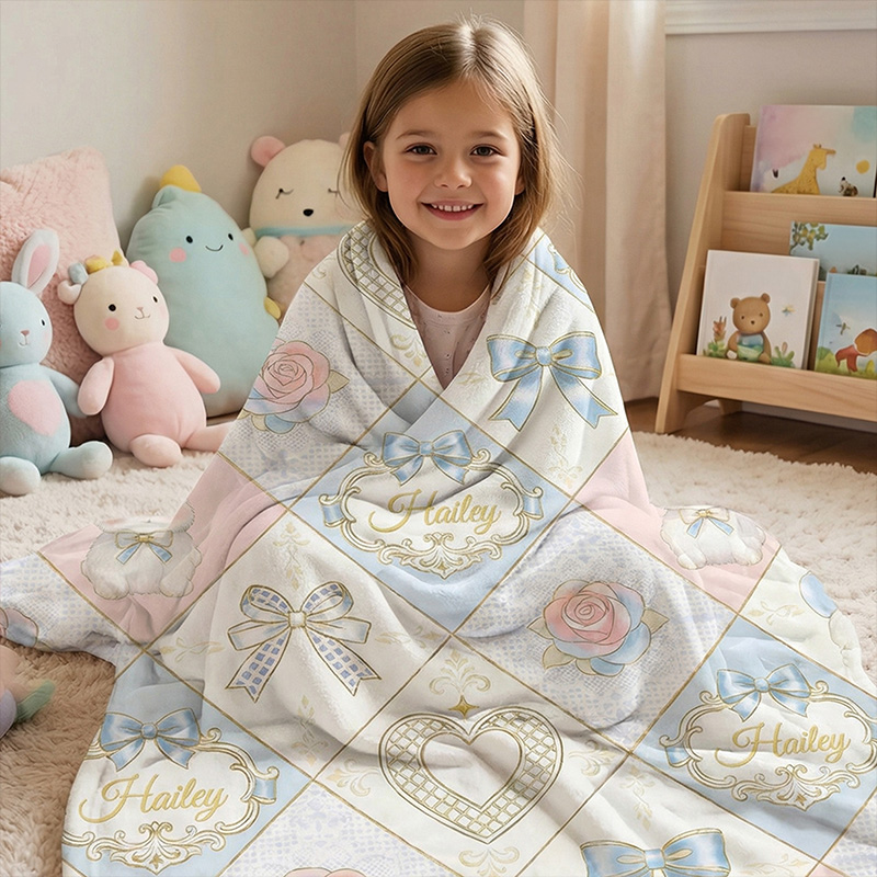 Personalized Cute Bunny Bow Heart Diamond Pattern pastel Blue Pink Baby Nursery Custom Name Soft Cozy Blanket