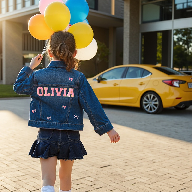 Personalized Pink Flower Custom Name Matching Sisters Outfit Spring Cute Style Kid Denim Jacket