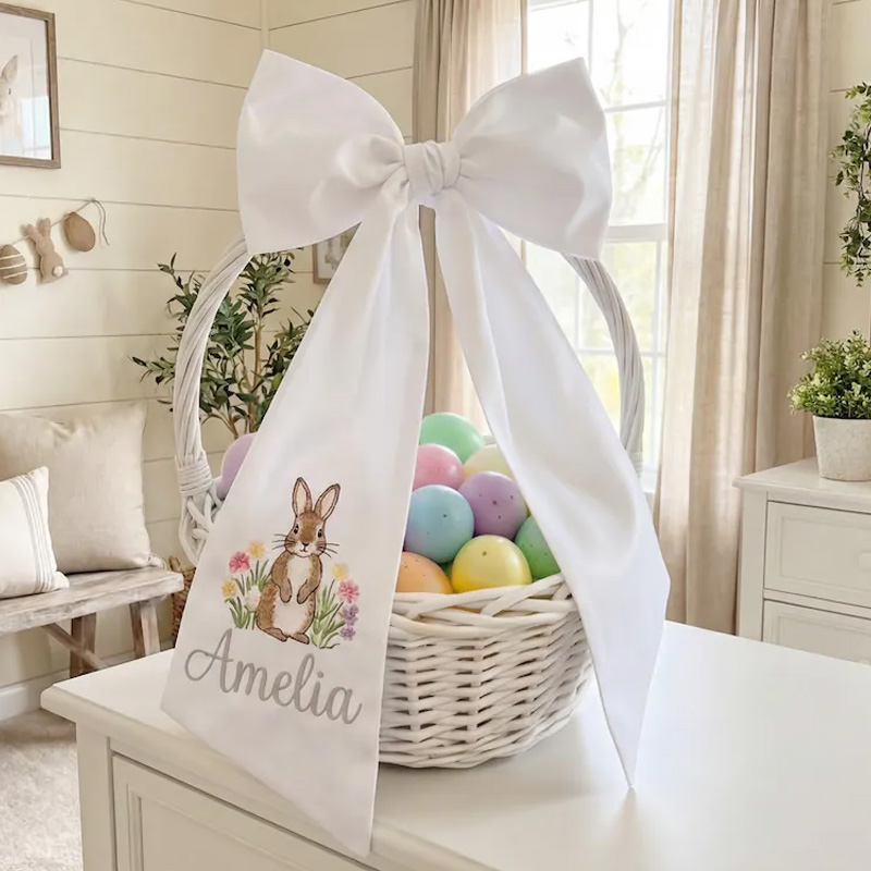 Personalized Embroidered Easter Basket Bow Custom Pink Seersucker Fabric with Bunny Design Decoration