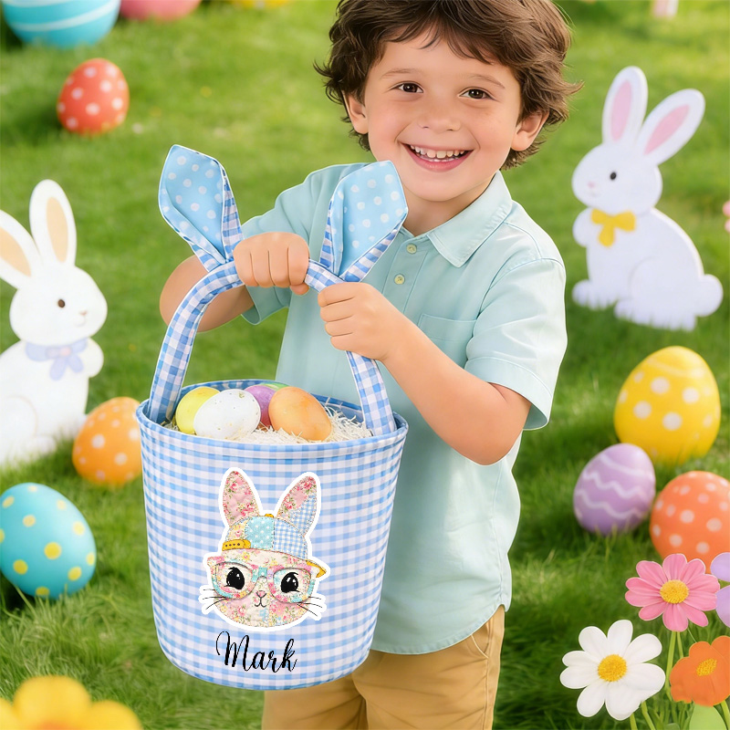 Personalized Easter Basket Custom Gingham Fabric with Bunny Face and Name for Kids