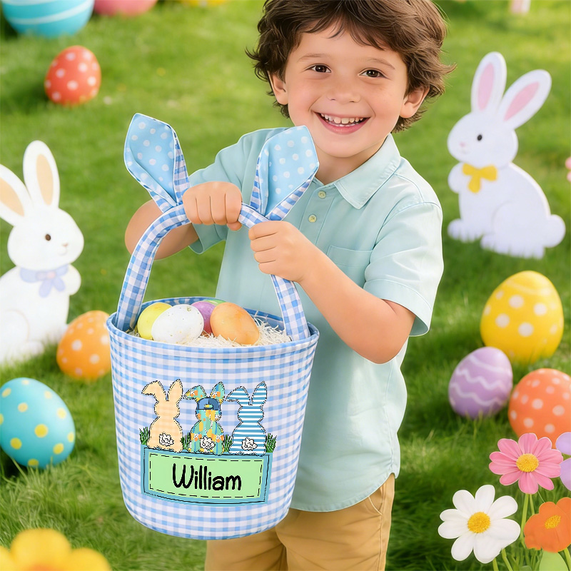 Personalized Easter Basket Custom Gingham Fabric with Bunny Ears and Name for Kids Egg Hunt