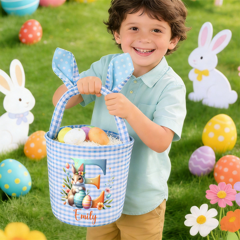 Personalized Easter Basket Custom Gingham Fabric with Bunny Ears and Cute Animal Design for Kids
