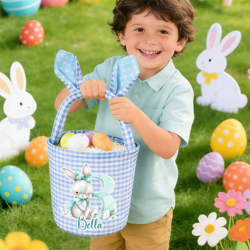 Personalized Adorable Bunny Ears Custom Name Gingham Fabric Kids Easter Egg Hunt Basket