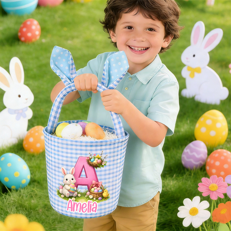 Personalized Adorable Bunny Ears Custom Name Initial Gingham Fabric Easter Basket