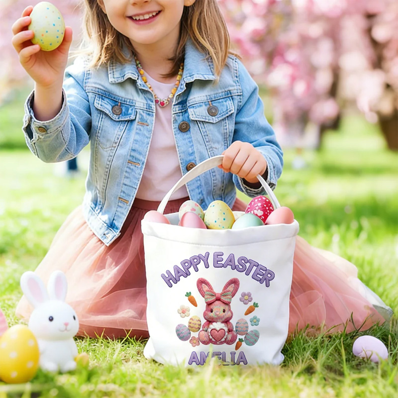 Personalized Happy Easter Faux Yarn Bunny Large Capacity Canvas Easter Basket with Name Easter Day Gift for Boys Girls