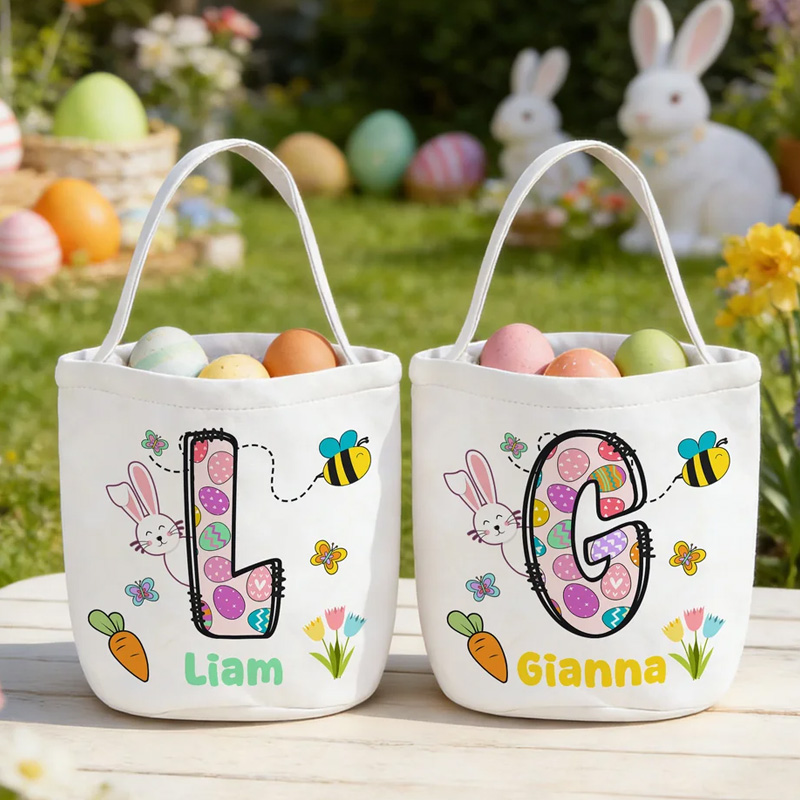 Personalized Easter Bunny Initial Canvas Easter Basket with Name Egg Hunting Accessories Easter Gift for Kids