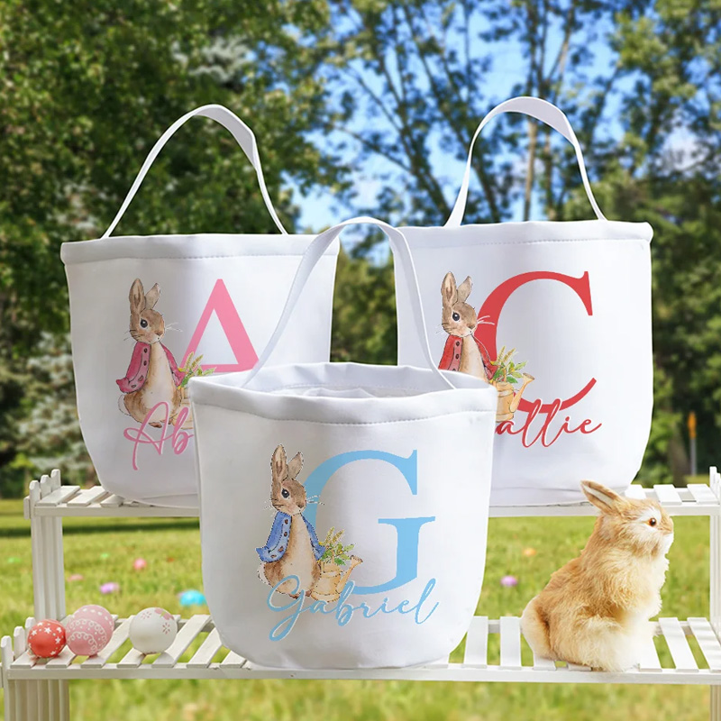 Personalized Cute Bunny with Initial and Name Large Canvas Candy Basket with Handle Funny Easter Eggs Hunting Gift for Boys Girls