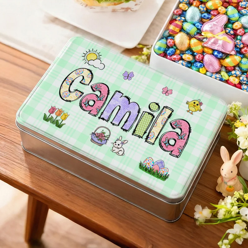 Personalized Rabbit Flowers Easter Eggs Food Grade Metal Biscuit Box with Name Daily Use Easter Gift for Boys Girls Kids