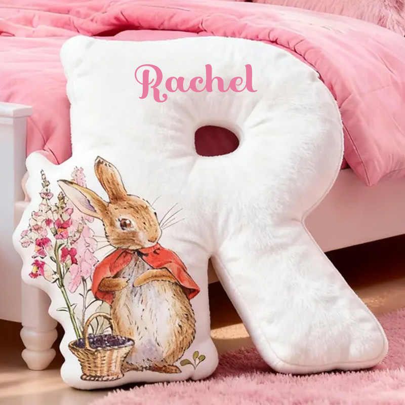 Personalized Adorable Easter Bunny Beside Letter Custom Name Cozy Bedroom Decor 3D Print Pillow
