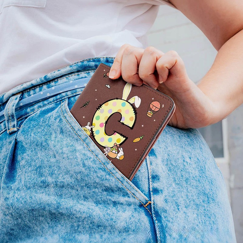 Personalized Easter Bunny Ears Initial PU Leather Wallet with Name Easter Gift for Girls