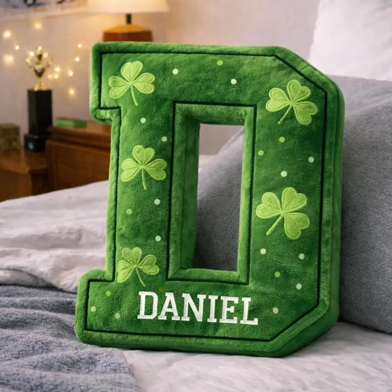 Personalized Bright Green Clover Leaf Custom Name Initial Shaped Decorative 3D Print Pillow