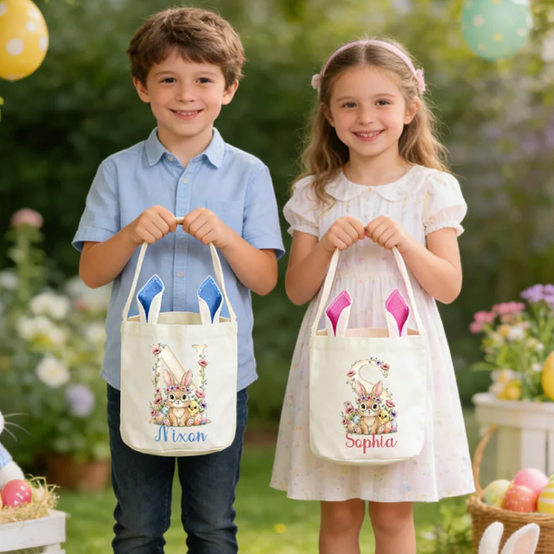 Personalized Flower Cute Bunny Ears Rabbit Easter Basket with Name and Initial Eggs Hunting Party Favor Easter Gift for Kids