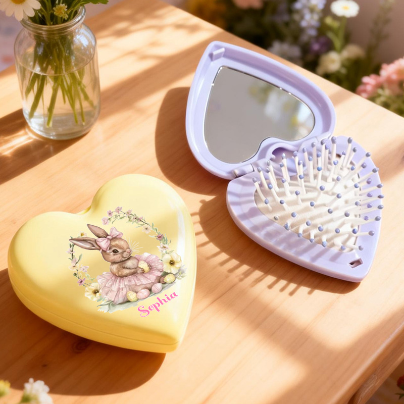 Personalized Lovely Heart Style Custom Name Mini Mirror Detangling Travel Folding Cushion Comb