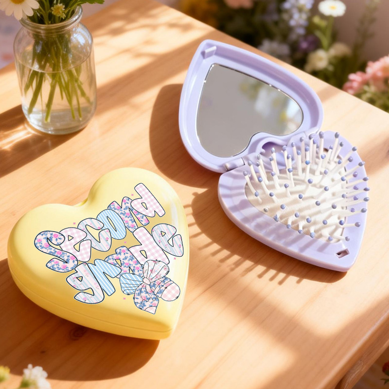Personalized Heart Shaped Mirror Custom Name Cute Pattern Travel Folding Cushion Comb