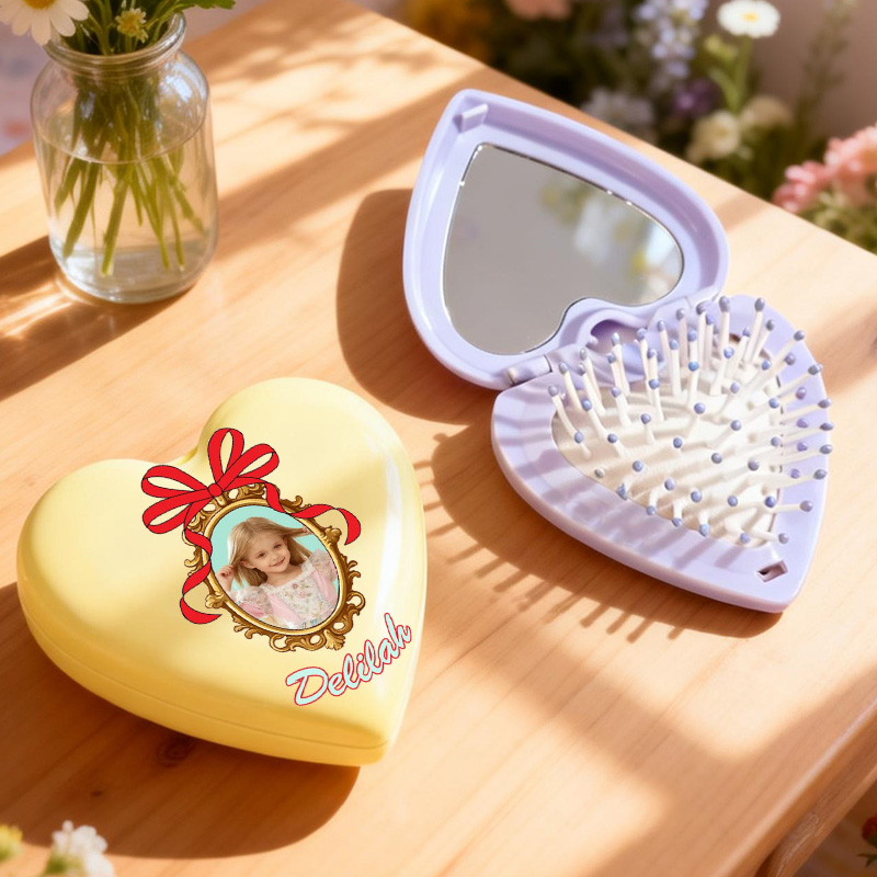 Personalized Sweet Heart Shaped Custom Name Mini Mirror Detangling Travel Folding Cushion Comb