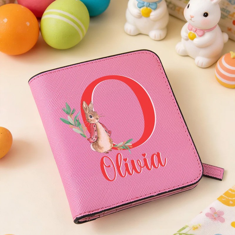 Personalized Cute Rabbit Initial PU Leather Bifold Pocket Wallet with Multiple Card Slots with Name Easter Gift for Girls