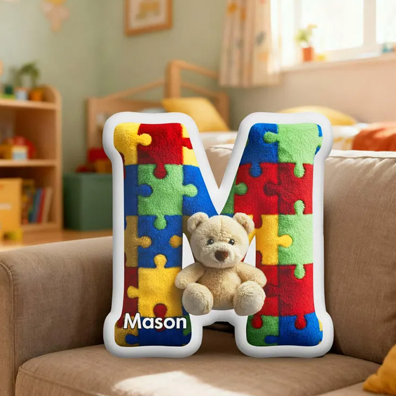 Personalized Colorful Puzzle Piece Initial Custom Name Kids Room Decor Soft 3D Print Pillow