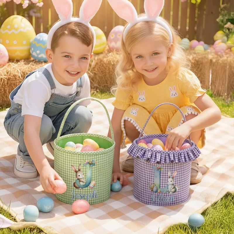 Personalized Cute Bunny Gradient Color Initial Plaid Easter Basket with Name and Ruffles Eggs Hunting Party Easter Gift for Kids