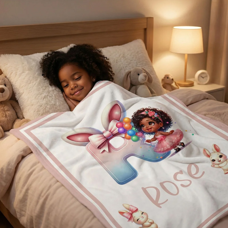 Personalized Cartoon Black Girl Soft Throw Blanket with Name Home Decor Easter Birthday Gift for Girls