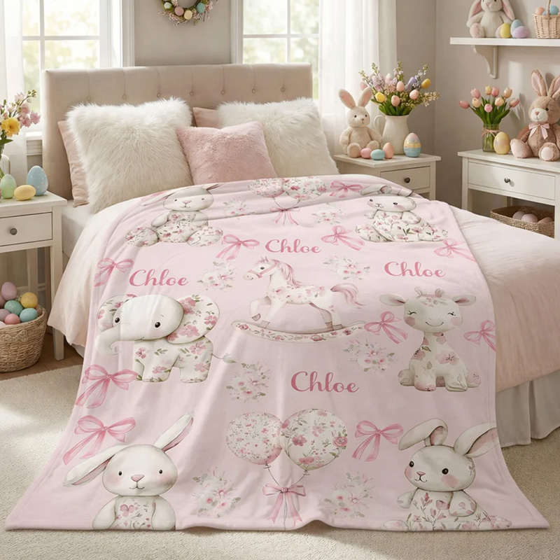 Personalized Floral Bunny Elephant Ponny Pink Soft Throw Blanket with Name Nursery Decor Easter Birthday Gift for Kids Girls