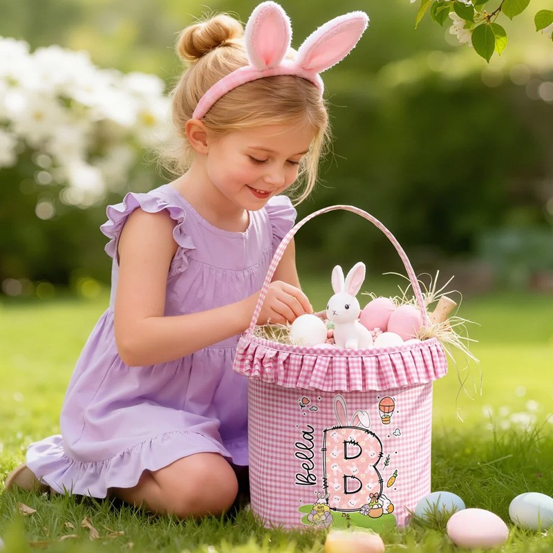 Personalized Cute Bunny Initial Flower Plaid Easter Basket with Name Easter Egg Hunt Easter Gift for Boys Girls