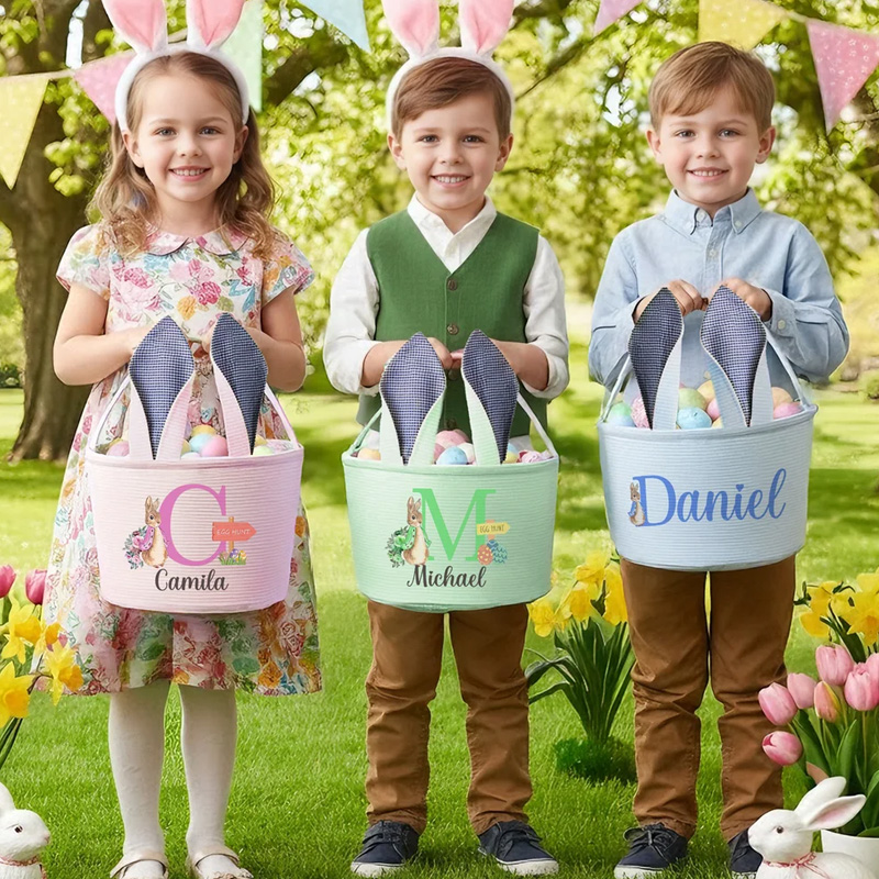 Personalized Cute Peter Rabbit Ears Stripe Easter Basket with Name and Initial Easter Party Favor Eggs Hunting Gift for Kids