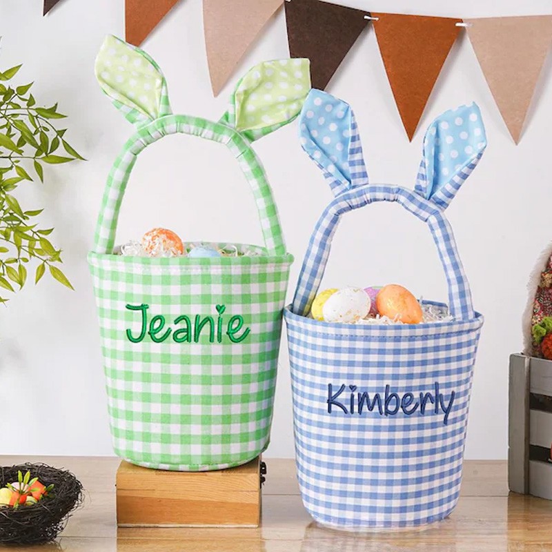 Personalized Unique Custom Name Gingham Bunny Ear Design Holiday Treat Holder Easter Basket