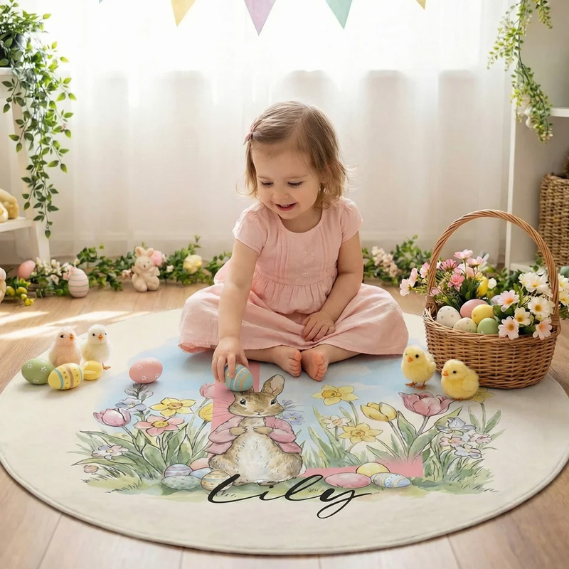 Personalized Cute Peter Rabbit Easter Egg Round Floor Mat with Name and Initial Home Decor Easter Gift for Infants Children