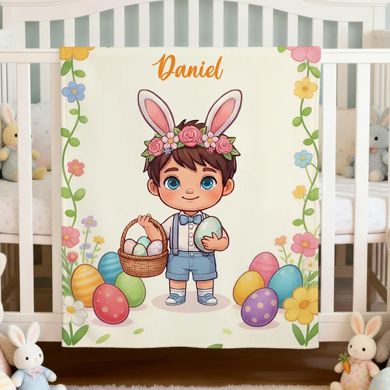 Personalized Cute Character Easter Egg Soft Throw Blanket with Name Home Use Easter Gift for Boys Girls