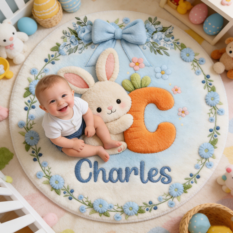 Personalized Bunny Theme Custom Name Floral Nursery Cute Kids Room Play Mat Carpet Rug Easter Gift