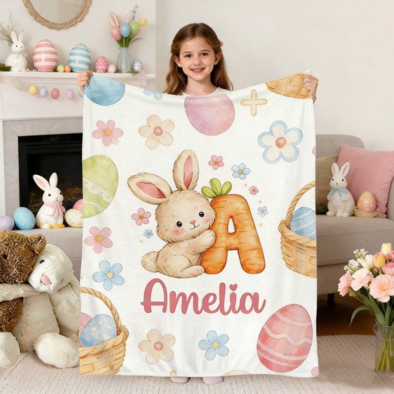Personalized Bunny Theme Custom Name Initial Easter Gift Soft Kids Nursery Cozy Blanket