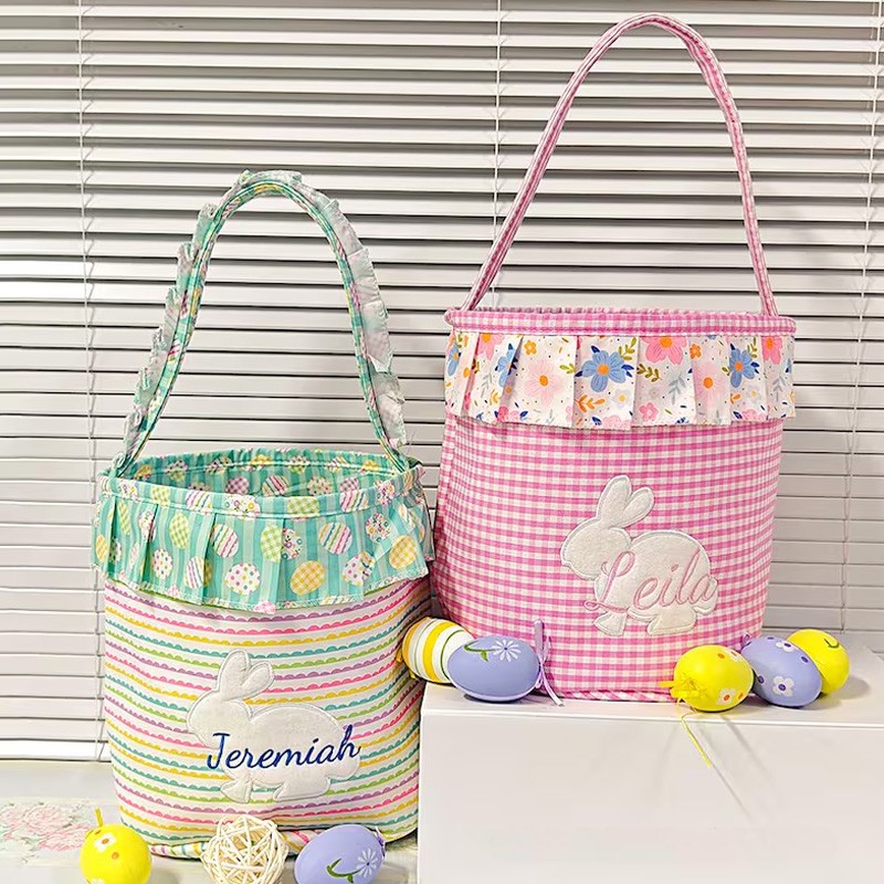 Personalized Unique Custom Name Adorable Rabbit Surrounded by Flowers Kids Holiday Treat Holder Easter Basket