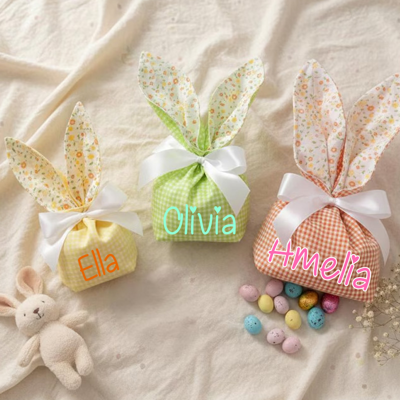 Personalized Easter Theme Custom Name Cute Reusable Fabric Gift Pouches Kids Party Bunny Ear Treat Bags