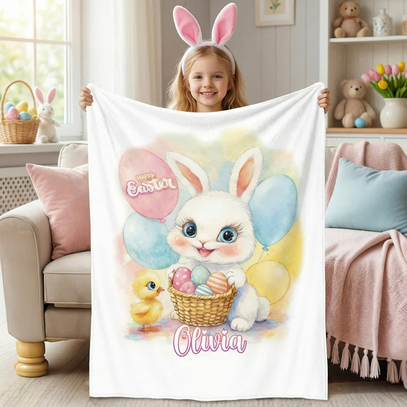 Personalized Happy Easter Cute Bunny Chick Balloon Soft Throw Blanket with Name Home Decor Easter Gift for Kids