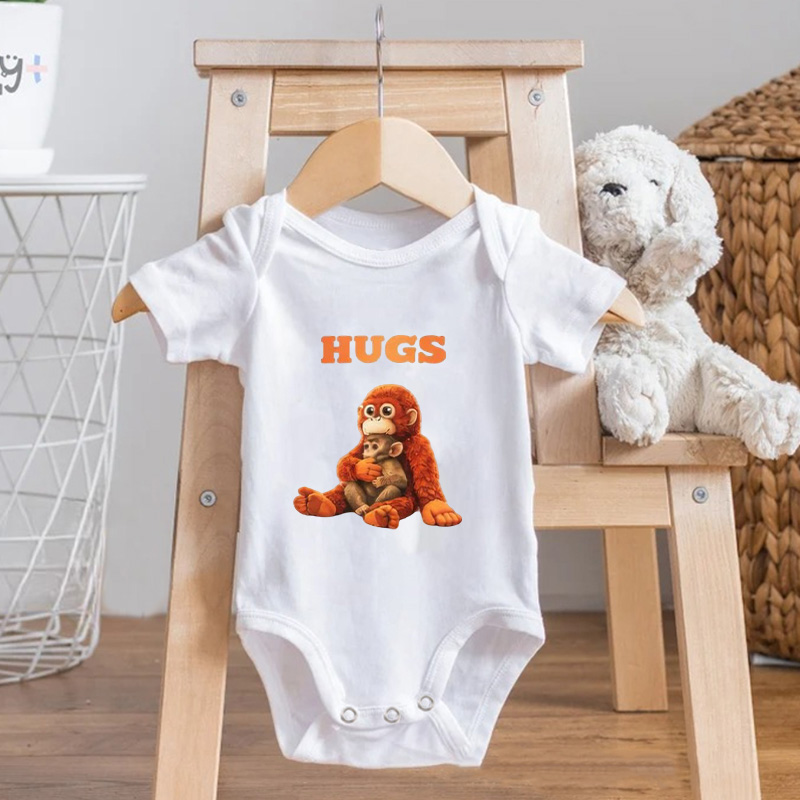 Personalized Cute Sitting Monkey with Hugs Text Custom Name Soft Cotton Newborn Gift Outfit Punch Monkey Baby Bodysuit