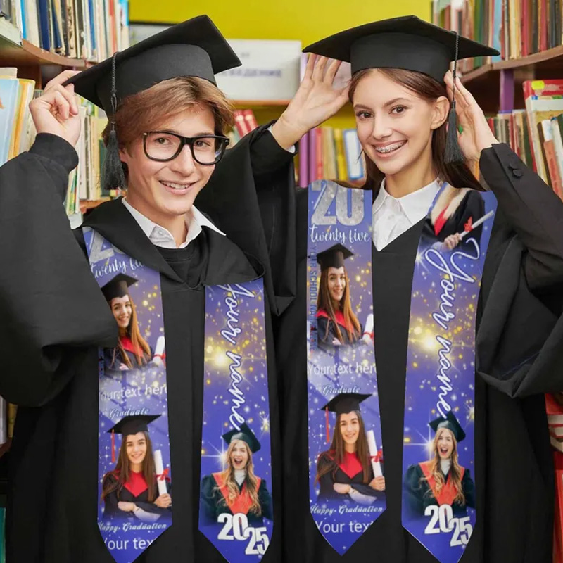 Personalized Custom Photo Name School Year Memory Collage Unique Senior Gift Colorful Satin Scarf Graduation Stole
