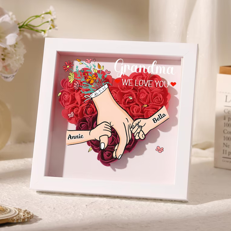 Personalized Rose Heart Shadow Box Hand Holding Frame with Kids Names Mothers Day Gift for Mummy