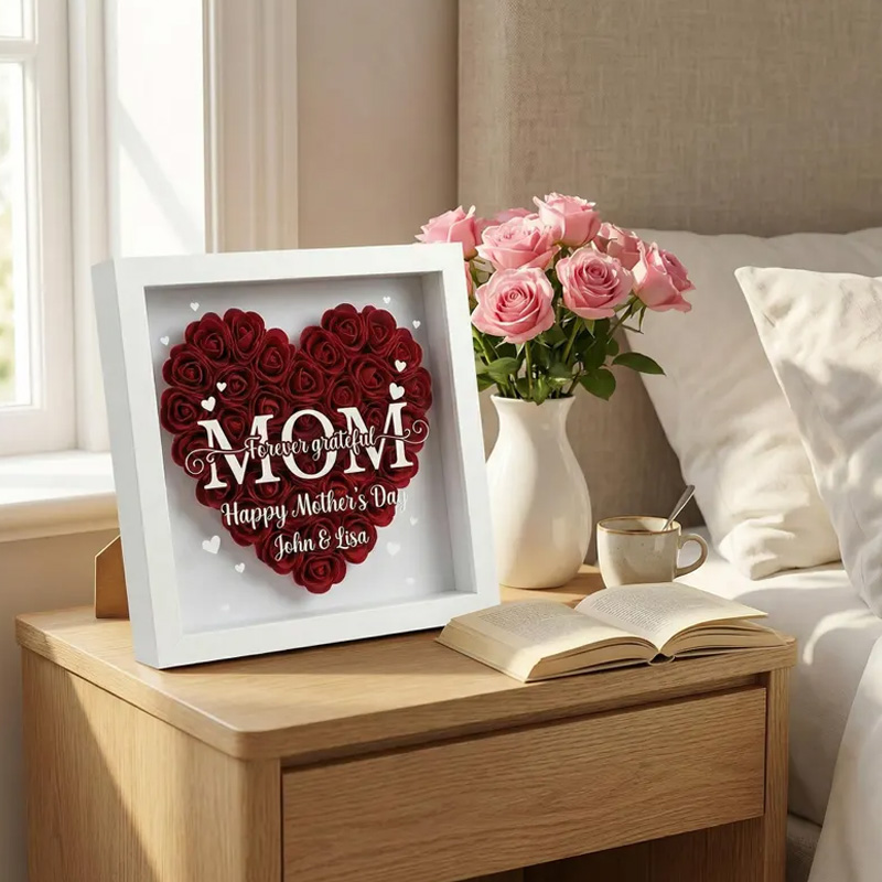 Personalized Rose Heart Shadow Box for Mom Custom Mother’s Day Gift with Names3D Floral Frame Decor 