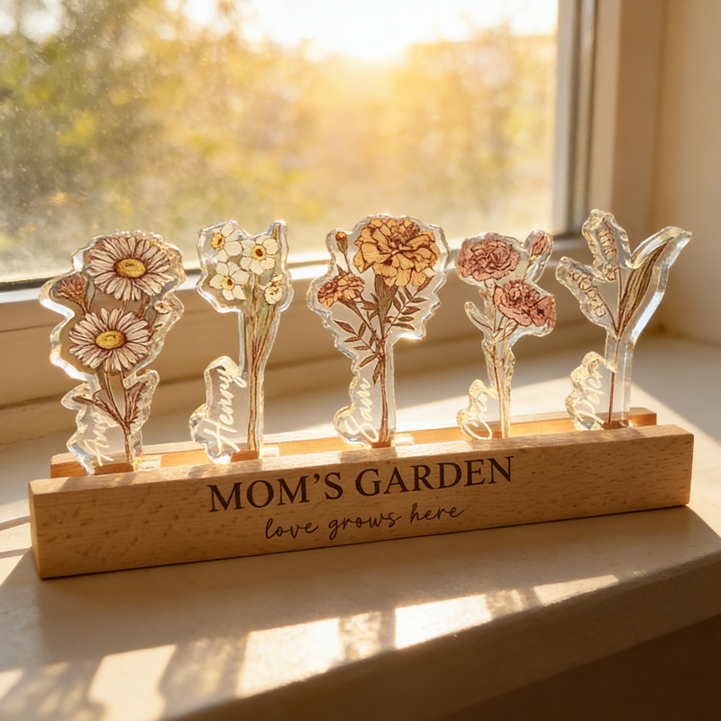 Personalized Mom's Garden Custom Birth Flower Shaped Plaque Light Base Gift For Grandma Nana