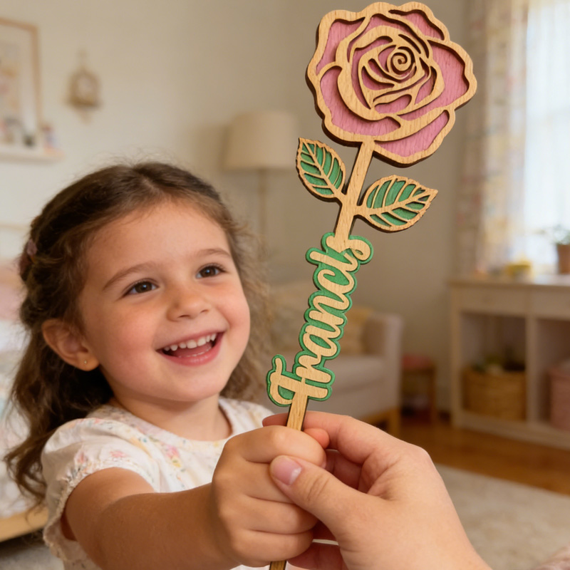 Personalized Custom Name Gift for Kids Handmade Wooden Rose Craft Mothers Day Present Wooden Flower Stand For Table Decor