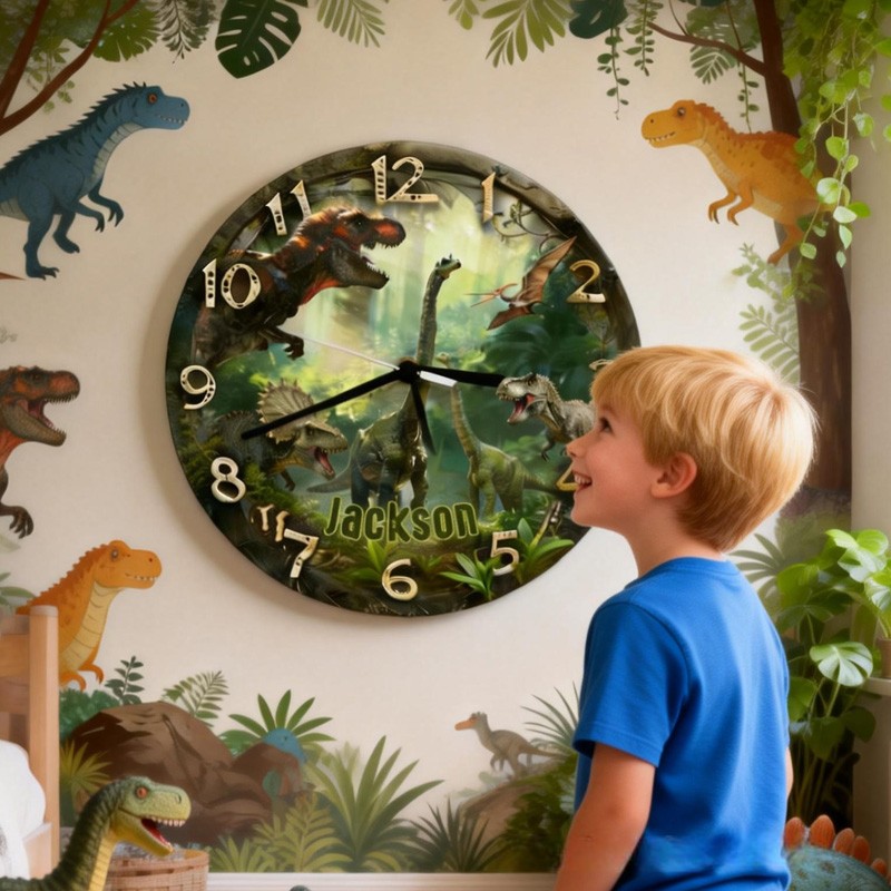 Personalized Lovely Custom Name Dinosaur Animal Pattern Kids Room Decoration 3D Printed Wall Clock