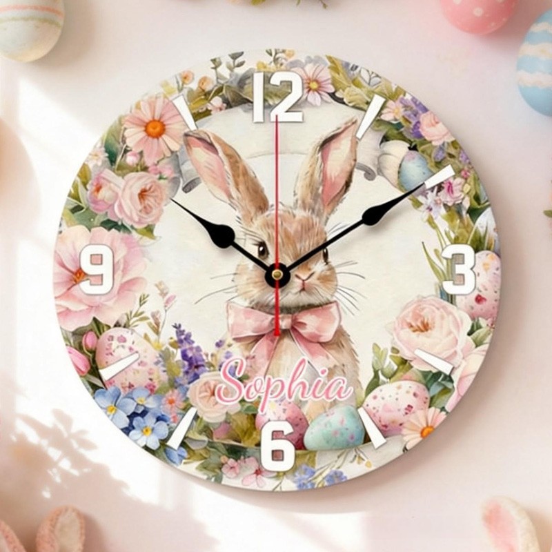 Personalized Unique Custom Name Adorable Rabbit Surrounded by Flowers Nursery 3D Printed Wall Clock