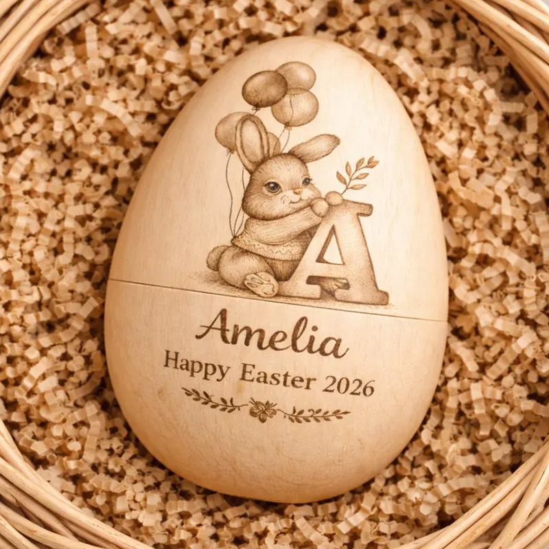 Personalized Engraved Bunny Initial Gift Custom Name Keepsake for Kids Holiday Decoration Collectible Fillable Wooden Easter Egg