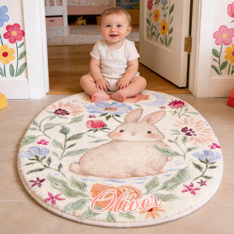 Personalized Unique Custom Name Adorable Rabbit Surrounded by Flowers Bedroom Carpet Rug for Kids